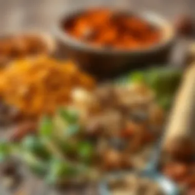 Close-up of fresh herbs and spices used in making Adana durum