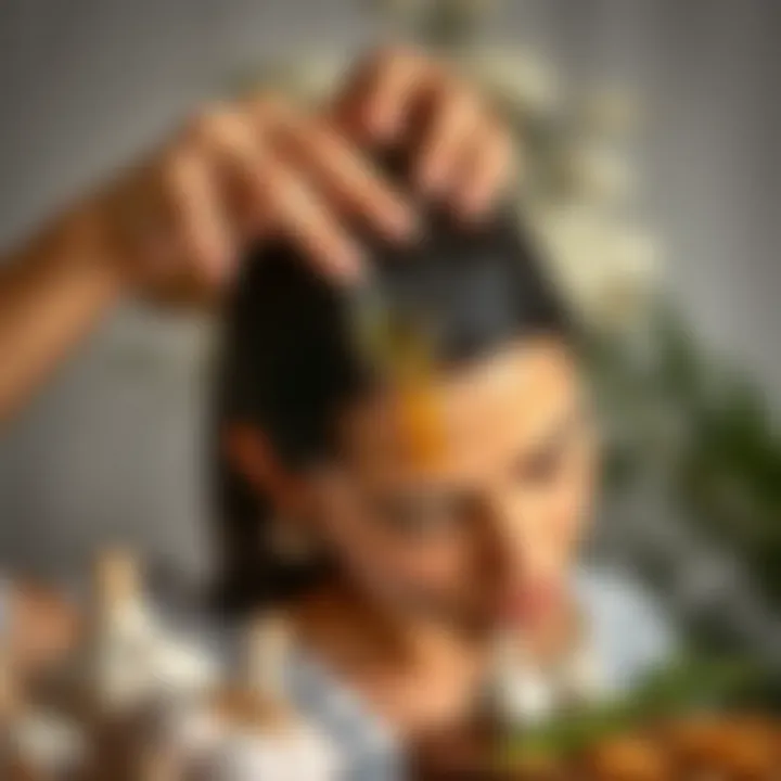A woman applying garlic oil to her scalp with a gentle massage