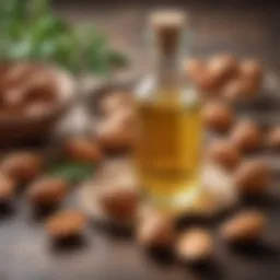 Nourishing almond oil in a glass bottle surrounded by almonds