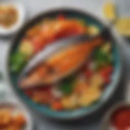 A vibrant plate showcasing a variety of fish dishes
