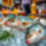 Fresh and vibrant Barbun fish on ice at a market