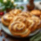 A beautifully arranged table with freshly baked bayram çöreği, showcasing its golden-brown color and flaky texture.