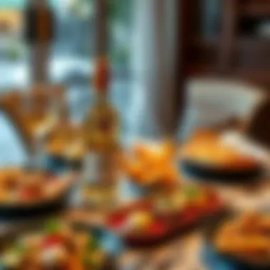 An inviting dining table set with gourmet dishes and a bottle of white wine