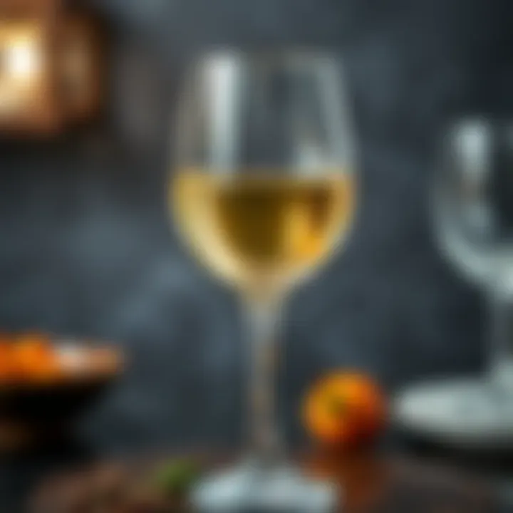 An elegant glass of white wine reflecting light with a soft shimmer