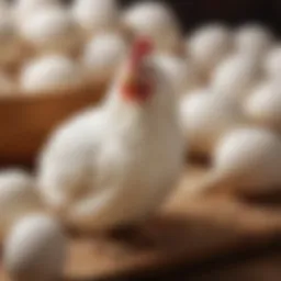 A close-up of a white egg chicken breed in a farm setting