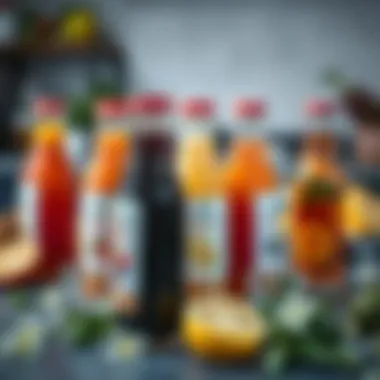 An array of fruit juice bottles highlighting healthy beverage options on a table