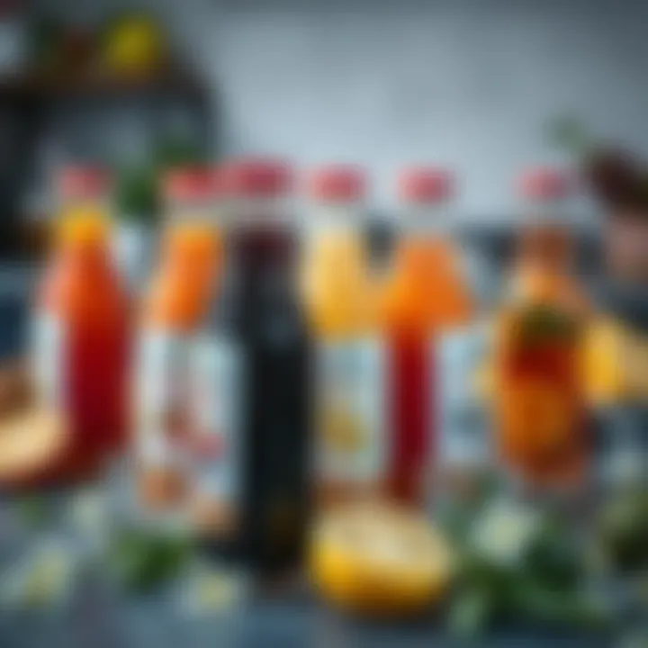 An array of fruit juice bottles highlighting healthy beverage options on a table
