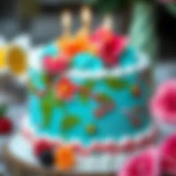 A beautifully decorated birthday cake featuring vibrant colors and intricate designs.