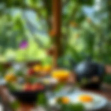 Serene Outdoor Breakfast A serene outdoor breakfast scene surrounded by lush greenery