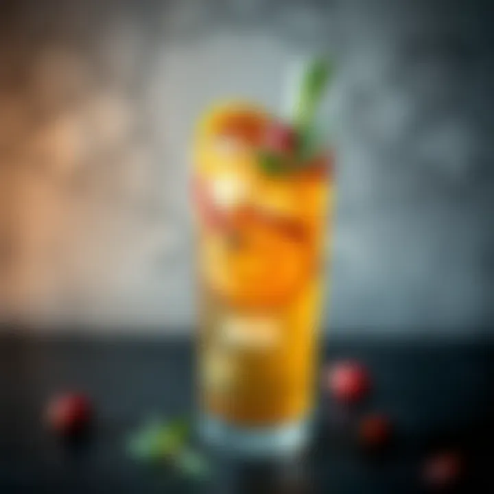 A refreshing glass of iced tea garnished with fruits and herbs