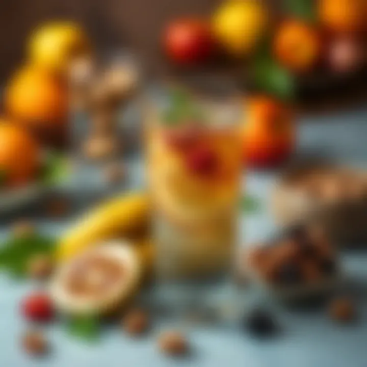Promoting Health with Walnut Water A vibrant display of walnut water alongside fruits promoting healthy living