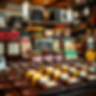 A rustic shop display featuring various brands of chocolate pishmaniye