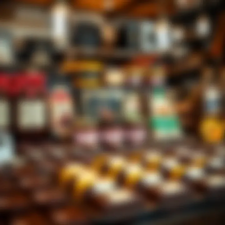 A rustic shop display featuring various brands of chocolate pishmaniye