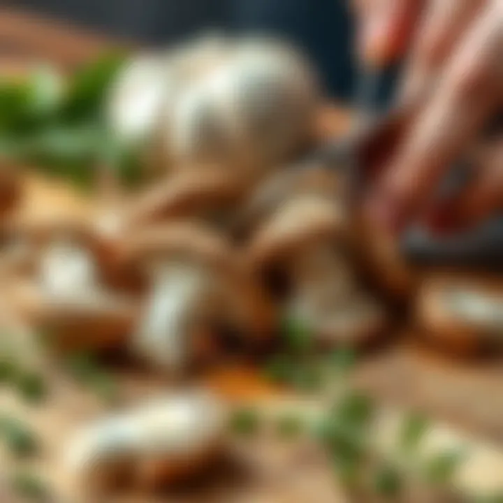 Preparation Techniques for Culinary Mushrooms Close-up view of mushrooms being sliced on a cutting board with fresh herbs