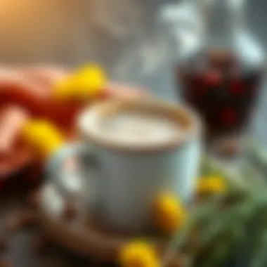 A steaming cup of dandelion coffee with herbs around it