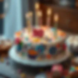 A beautifully decorated birthday cake featuring colorful designs and intricate patterns