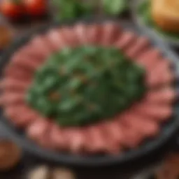 A close-up view of iron-rich foods including spinach, lentils, and red meat.