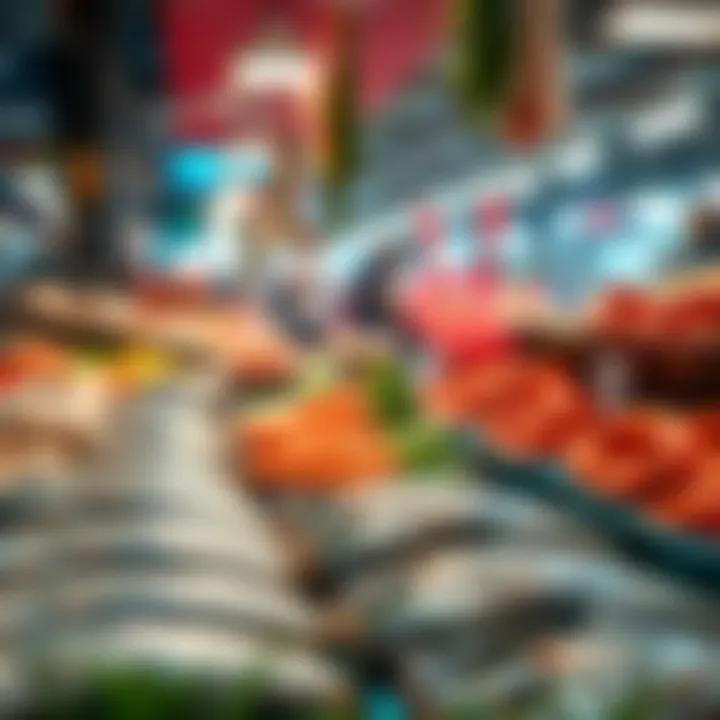 A vibrant market scene showcasing fresh seafood.