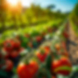 Lush tomato fields under bright sunlight