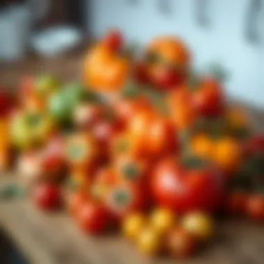 A Spectrum of Tomato Varieties Diverse tomato varieties displayed on a wooden table