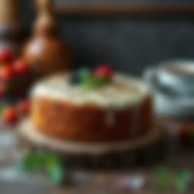 A beautifully arranged cake on a rustic wooden table.