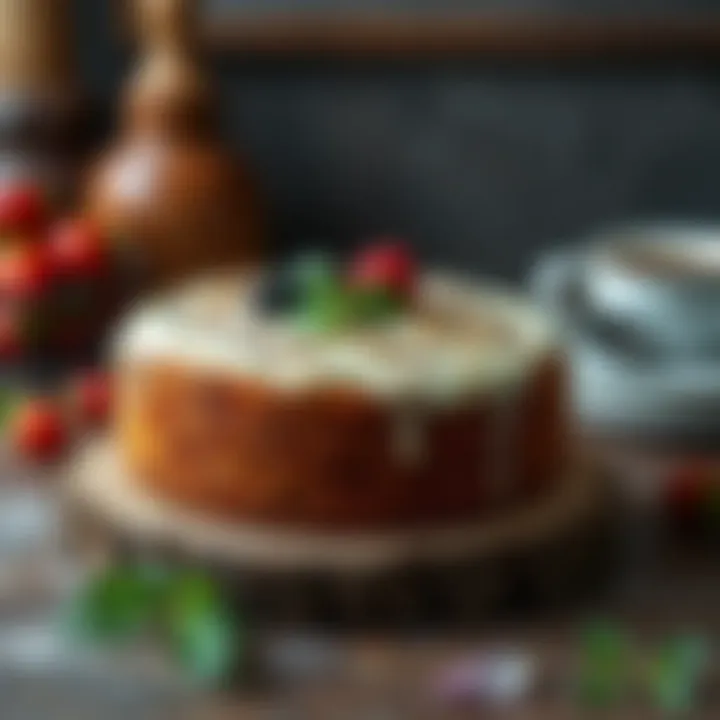 A beautifully arranged cake on a rustic wooden table.