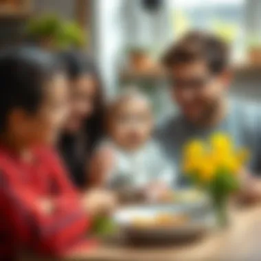 A joyful family feeding their baby solid food for the first time