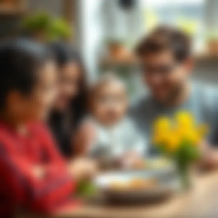 A joyful family feeding their baby solid food for the first time
