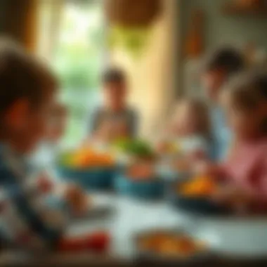 An engaging family meal time with children enjoying healthy dishes