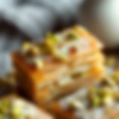 Close-up of pistachios sprinkled on baklava