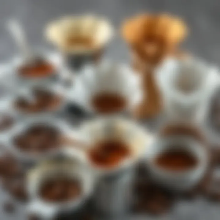 An assortment of coffee filter types and brewing techniques laid out for comparison.