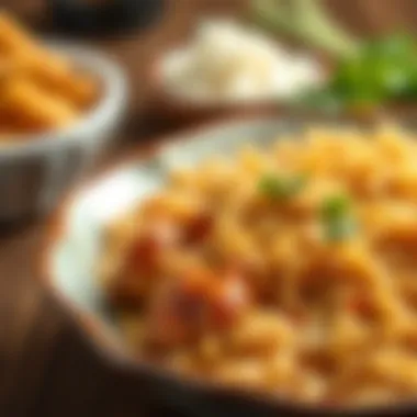 Close-up of rich, flavorful rice with chicken