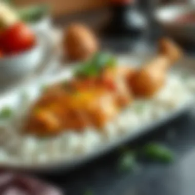 Garnished plate of chicken on rice with herbs