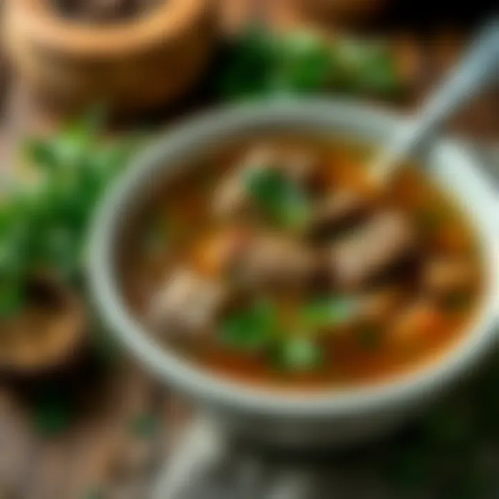 A rich bowl of clear meat broth garnished with herbs