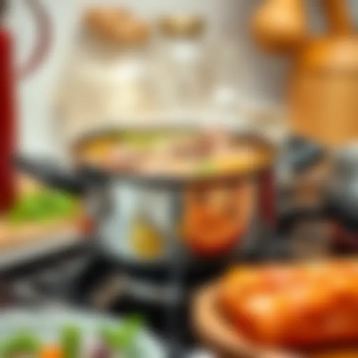 A simmering pot of meat broth on a stove