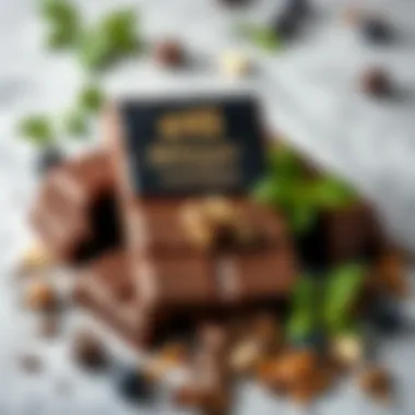 An elegant arrangement of dark chocolate bars with ingredients