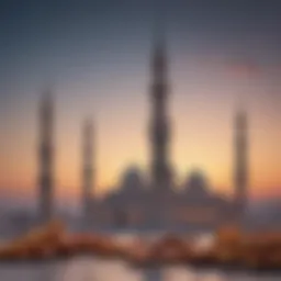A serene dawn scene with silhouettes of traditional minarets against the sky.