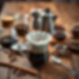Coffee brewing equipment laid out on a wooden table