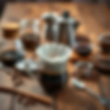 Coffee brewing equipment laid out on a wooden table