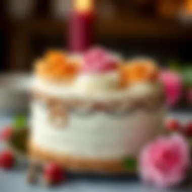 A close-up of the finished cake topped with elegant decorations.