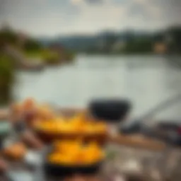 A serene riverbank scene with fishing gear laid out