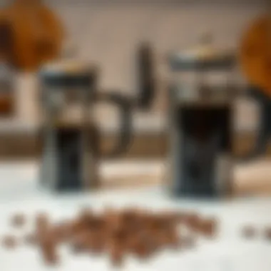 Coffee beans and a French press on a marble countertop