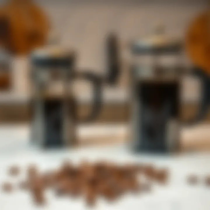 Coffee beans and a French press on a marble countertop