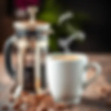 A steaming cup of coffee next to a French press