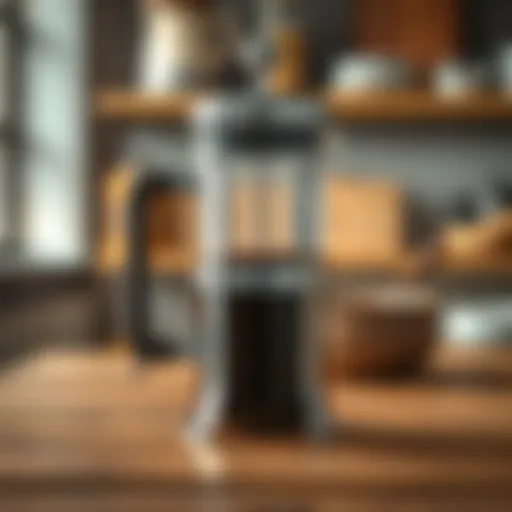 A vintage French press on a wooden table