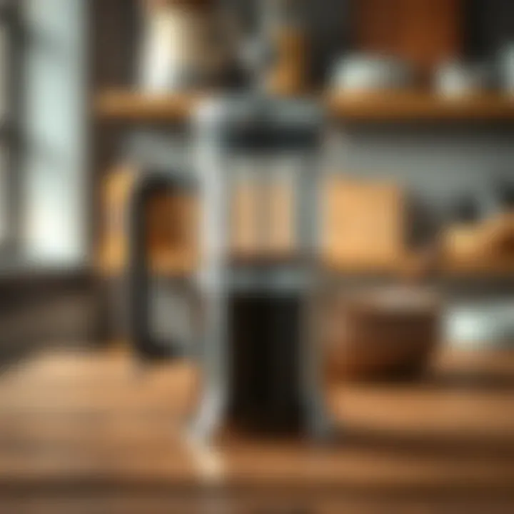 A vintage French press on a wooden table