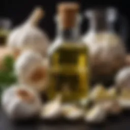 Close-up of garlic oil in a glass bottle with fresh garlic bulbs.