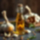 Garlic oil in a small glass bottle with fresh garlic cloves