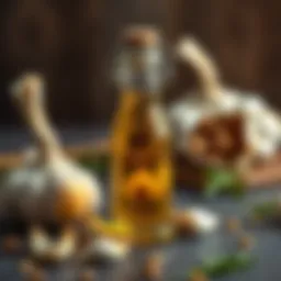 Garlic oil in a small glass bottle with fresh garlic cloves