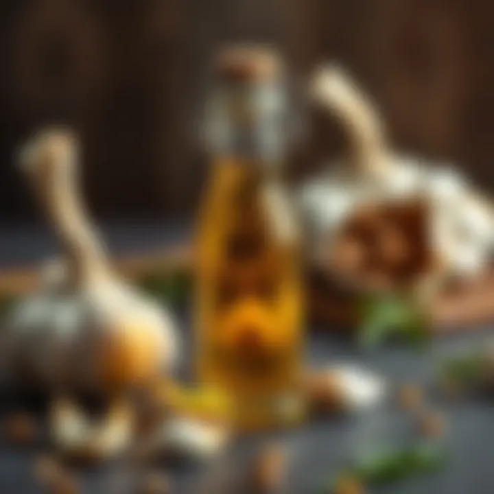 Garlic oil in a small glass bottle with fresh garlic cloves